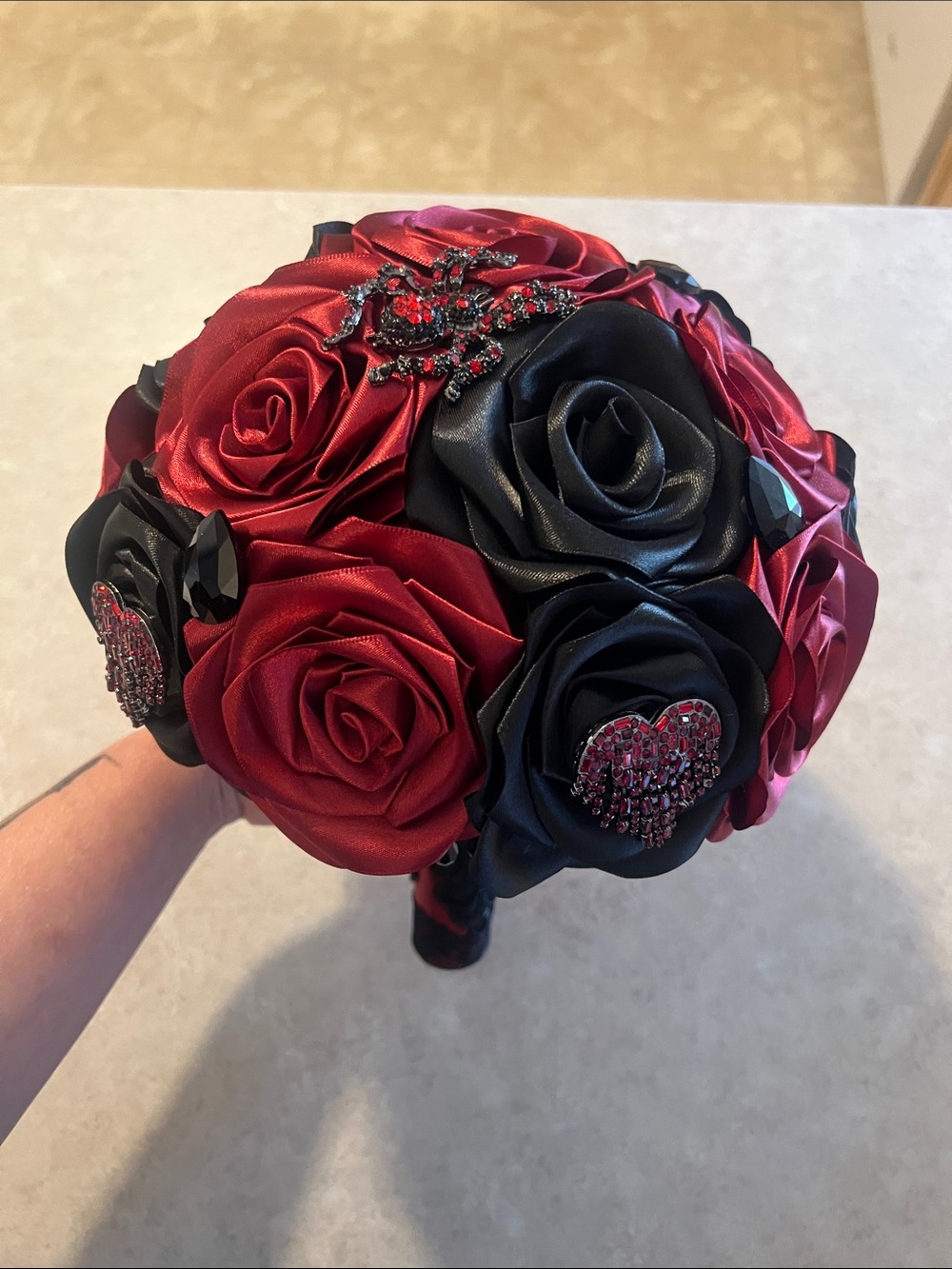 Gothic Red and Black Satin Rose Bouquet with Rhinestone Accents